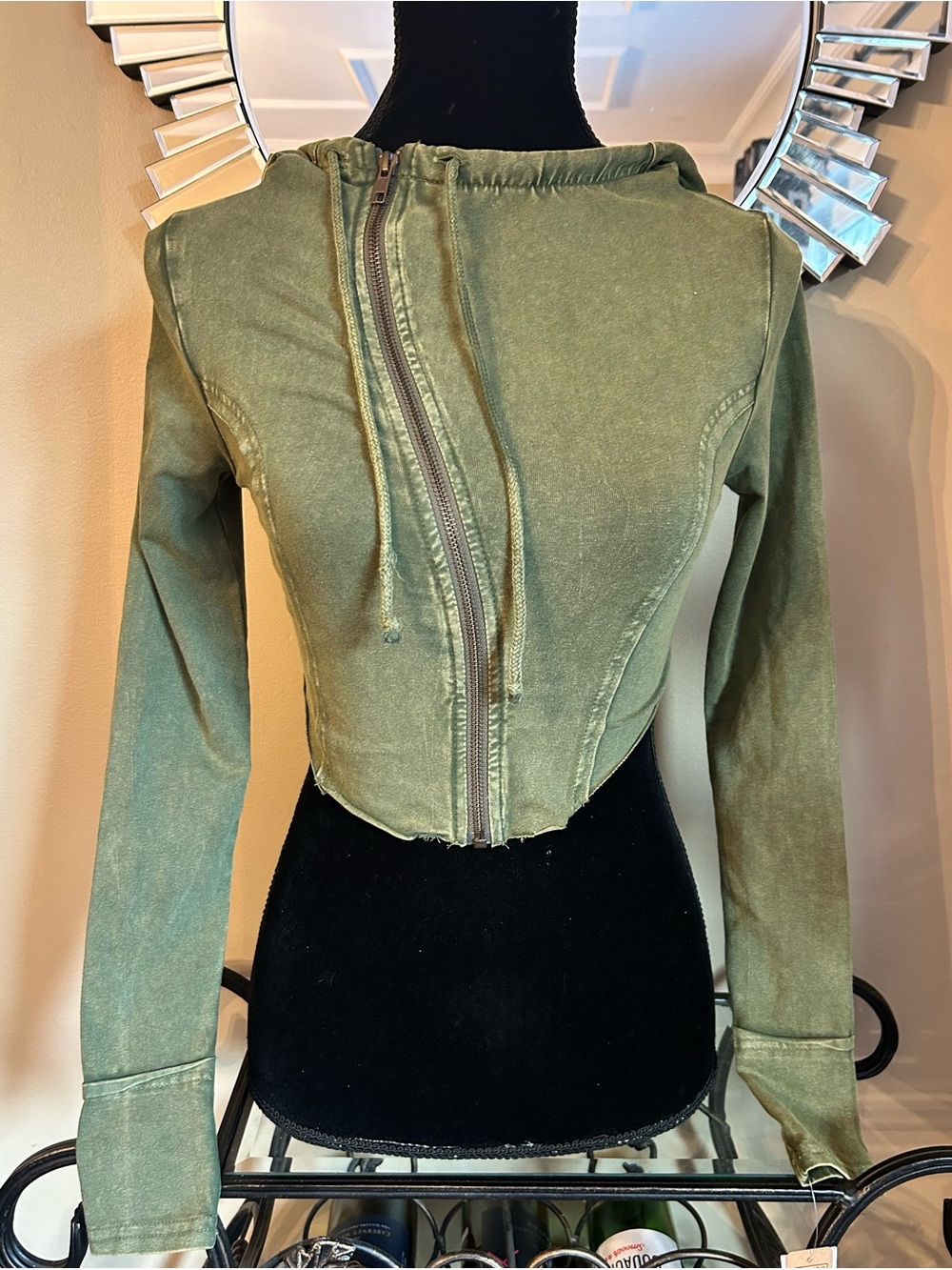 Urban Outfitters Olive Cropped Asymmetrical Zip Hoodie